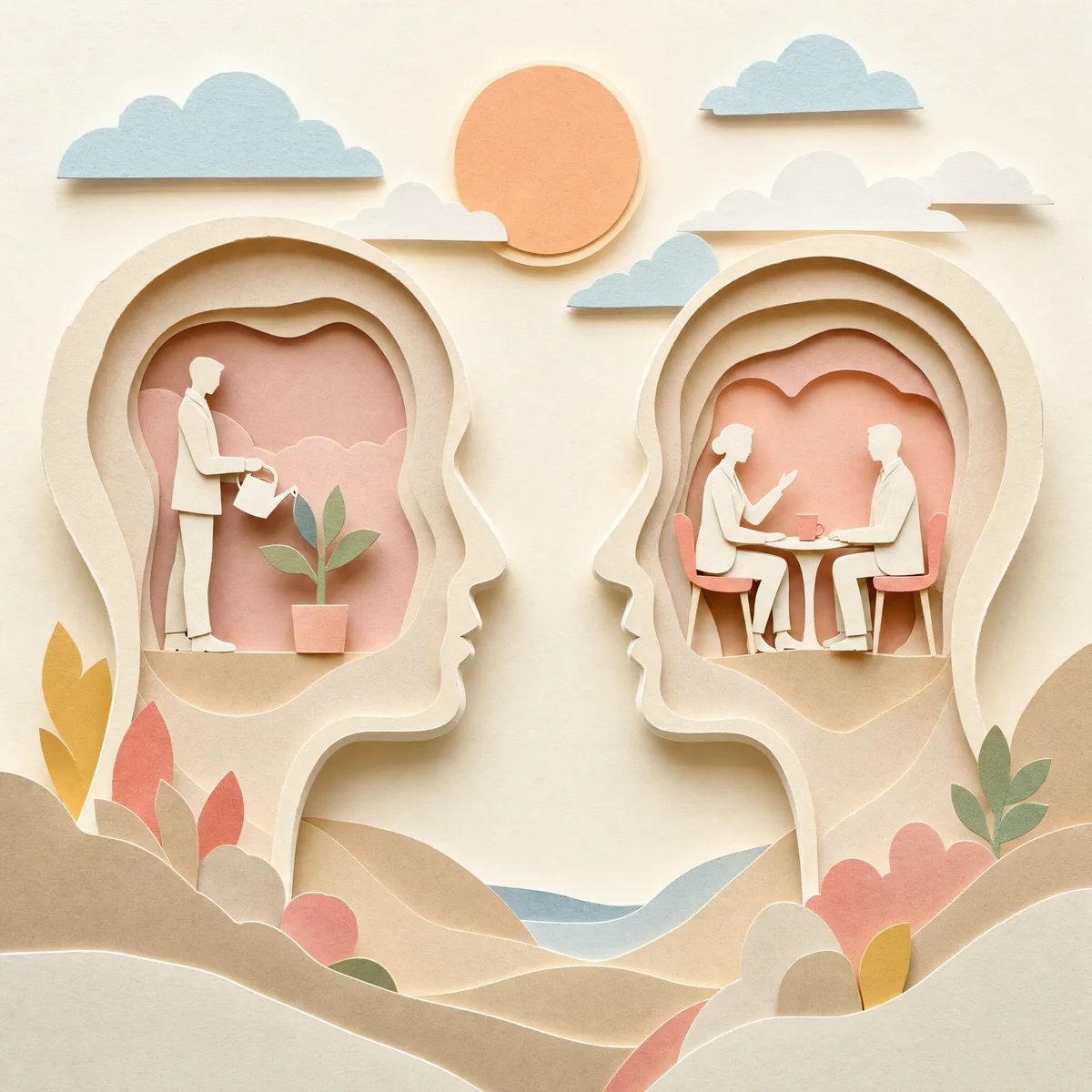 Two warm cut-paper profile heads face each other beneath a peach sun, small figures living and working inside them