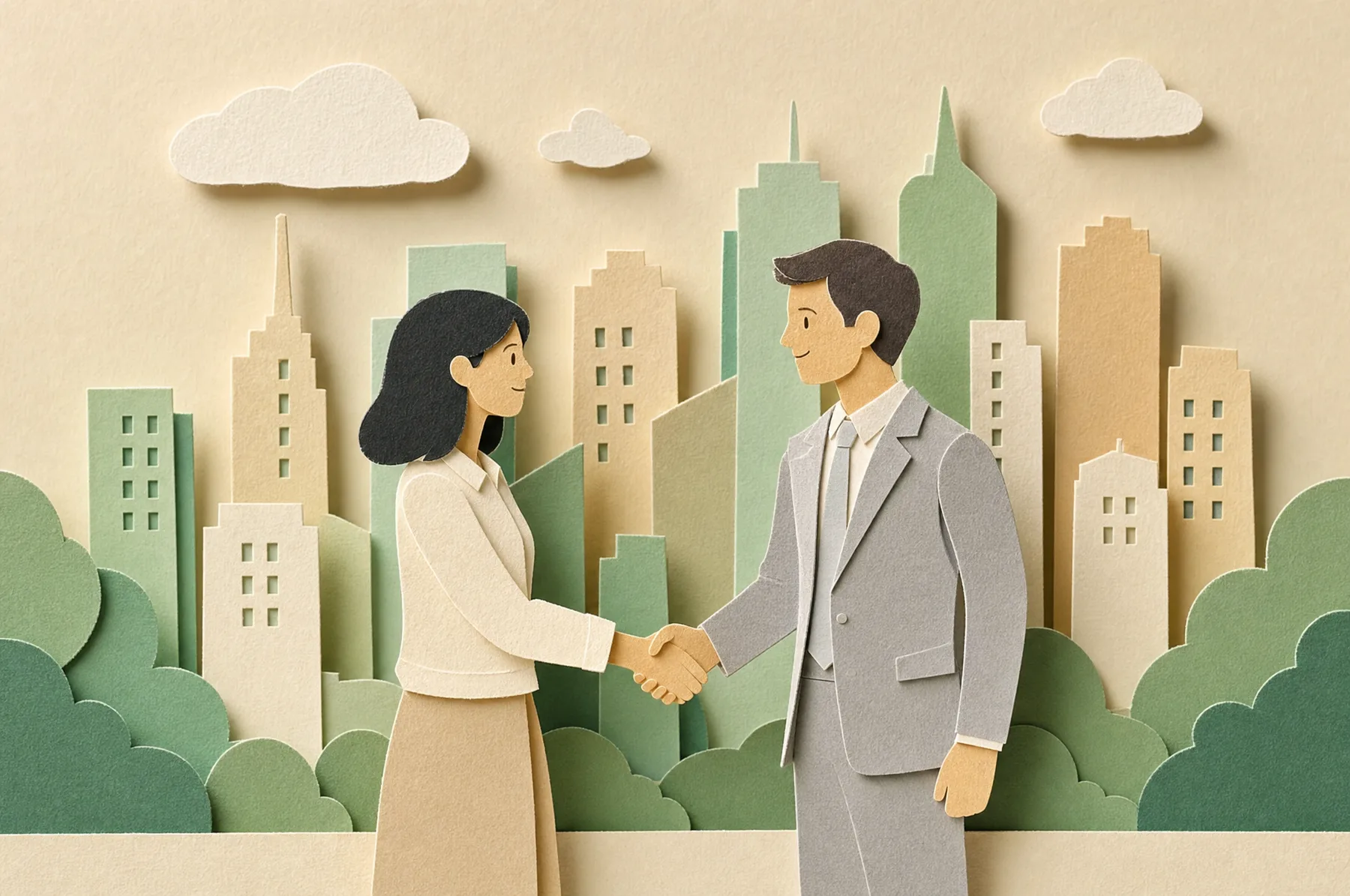 Two cut-paper figures shaking hands before a pastel paper city skyline