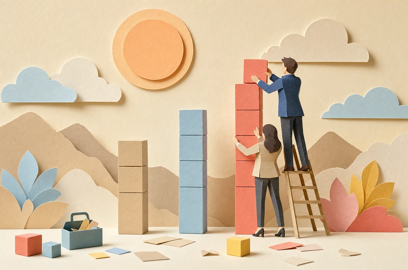 Two cut-paper figures in work clothes build three paper columns of rising height, the third still going up from a ladder