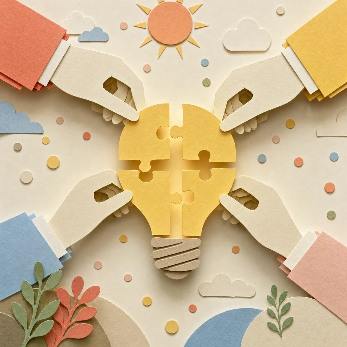 Four cut-paper hands in different sleeves fit together puzzle pieces that form a glowing light bulb