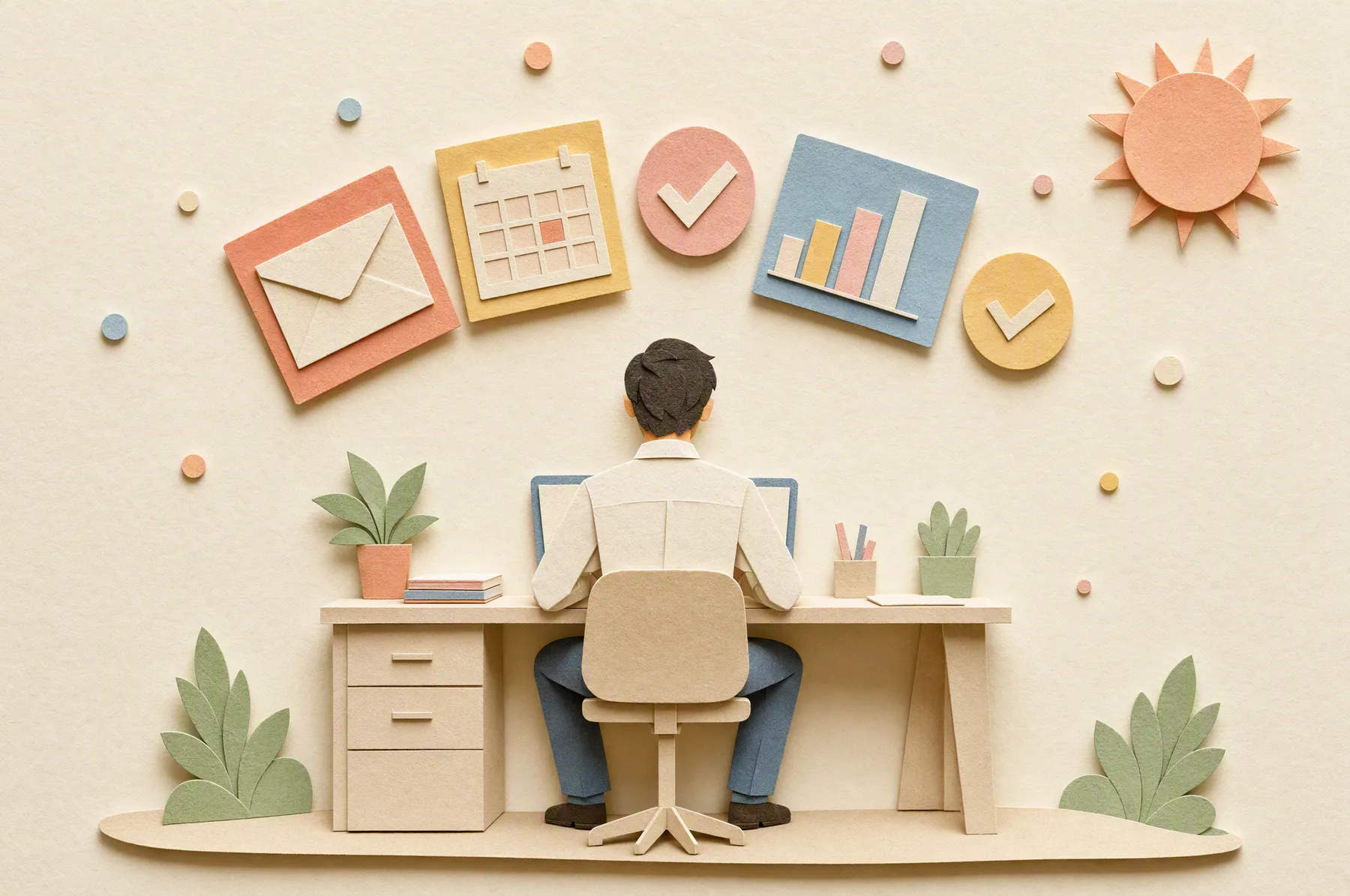 A cut-paper figure in a crisp shirt works at his desk beneath an arch of colourful panels: a letter, a calendar, ticks and a chart