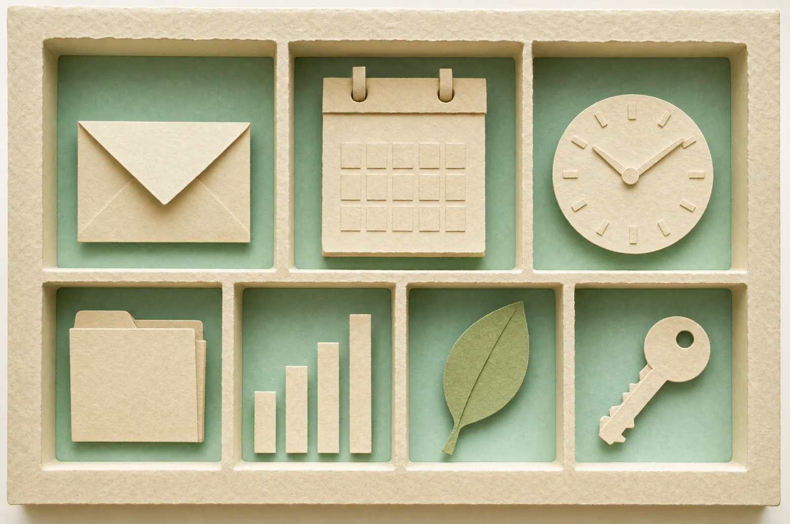 A cut-paper cabinet of pigeonholes, each holding one object: a letter, a calendar, a clock, a folder, a chart, a leaf and a key