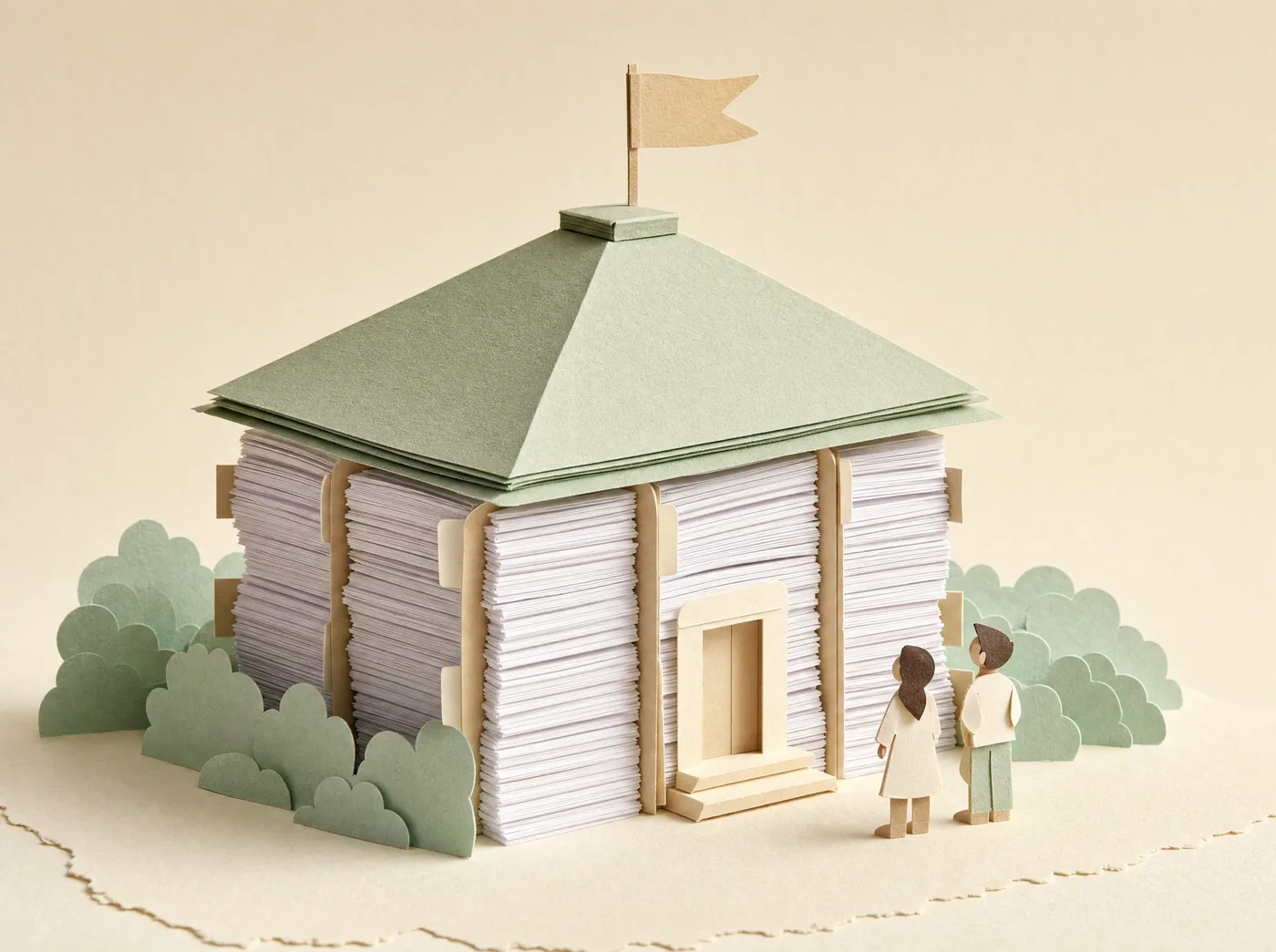 A small cut-paper building constructed from stacked documents, with a flag on its roof and two figures beside it