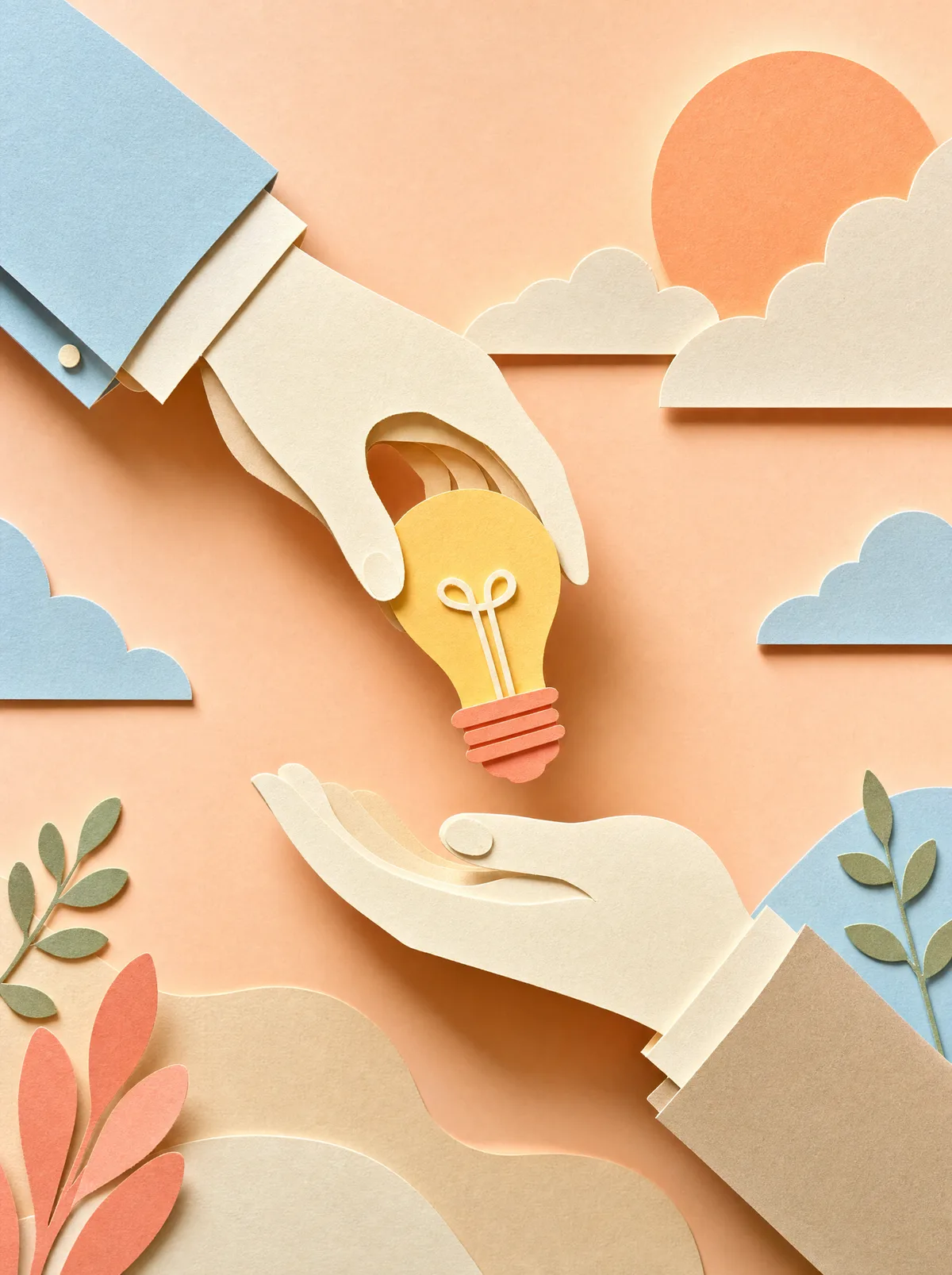 One cut-paper hand in a blue sleeve passes a glowing paper light bulb to an open cream hand