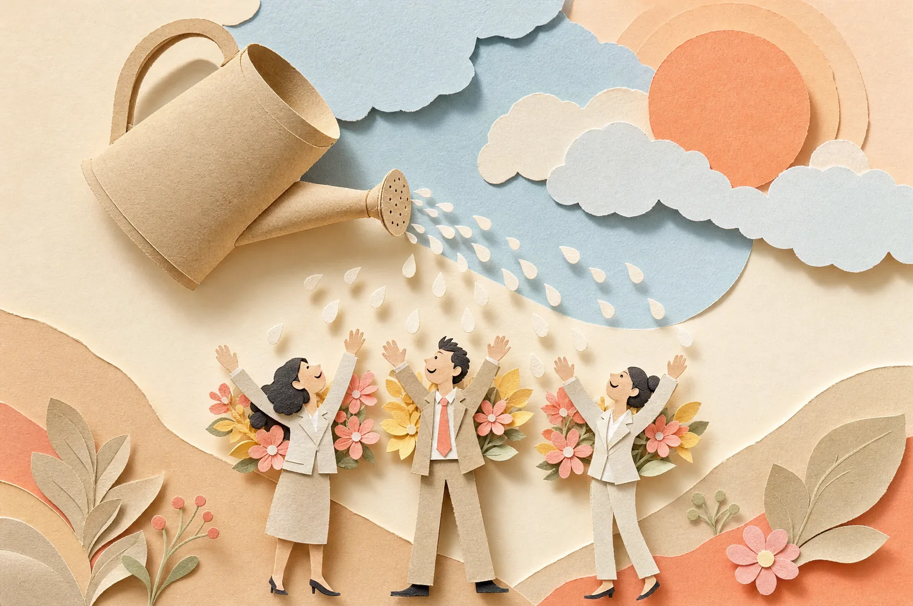 A cut-paper watering can rains paper drops onto three figures in work clothes as coral and yellow blooms grow around them