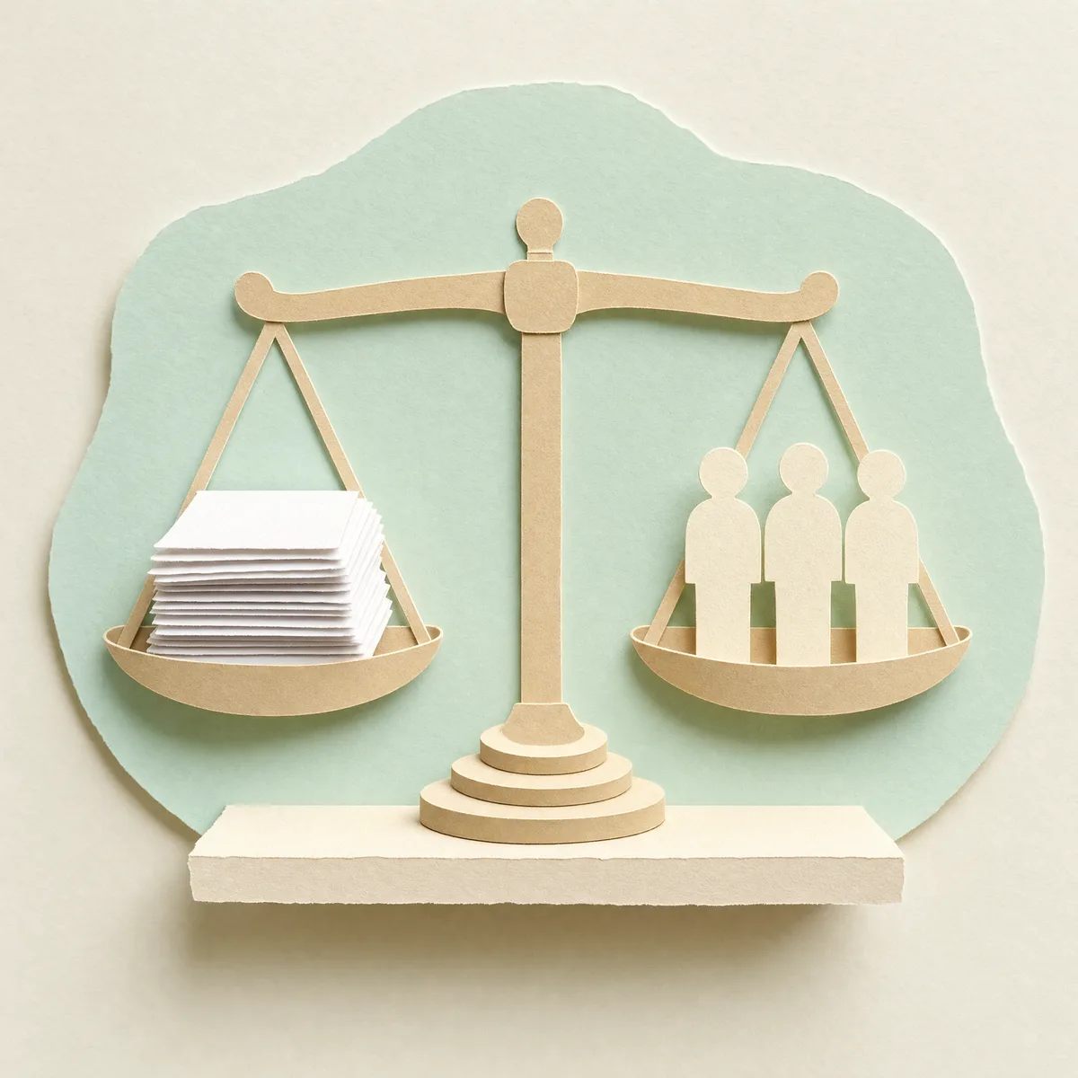 Cut-paper balance scales perfectly level, documents on one pan and three paper figures on the other