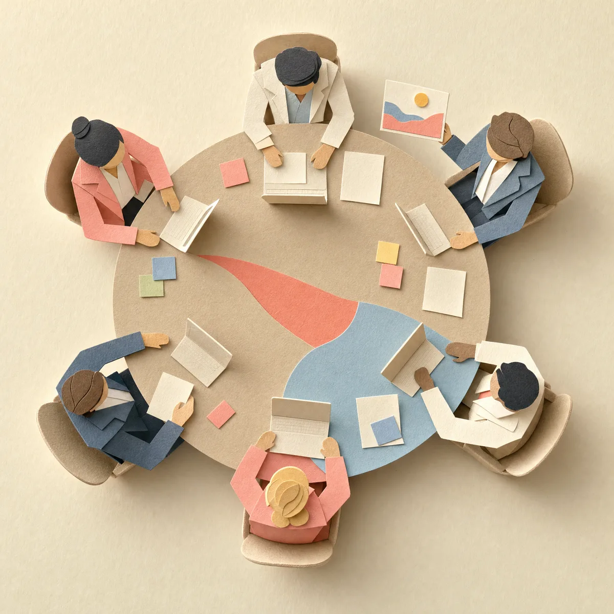 Seen from above, cut-paper figures in work clothes meet around a round paper table with laptops and documents