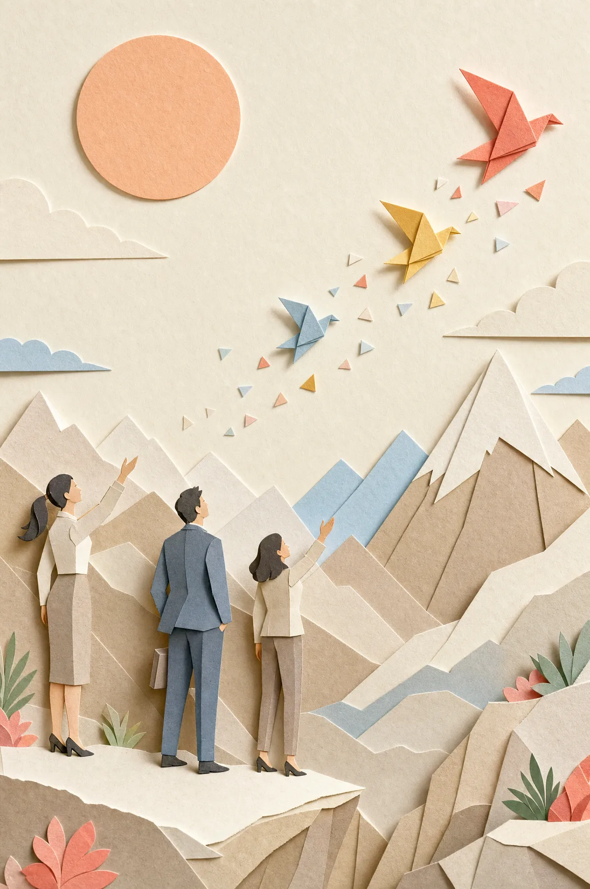 Three cut-paper colleagues on a paper summit watch coral, yellow and blue origami birds fly toward the sun