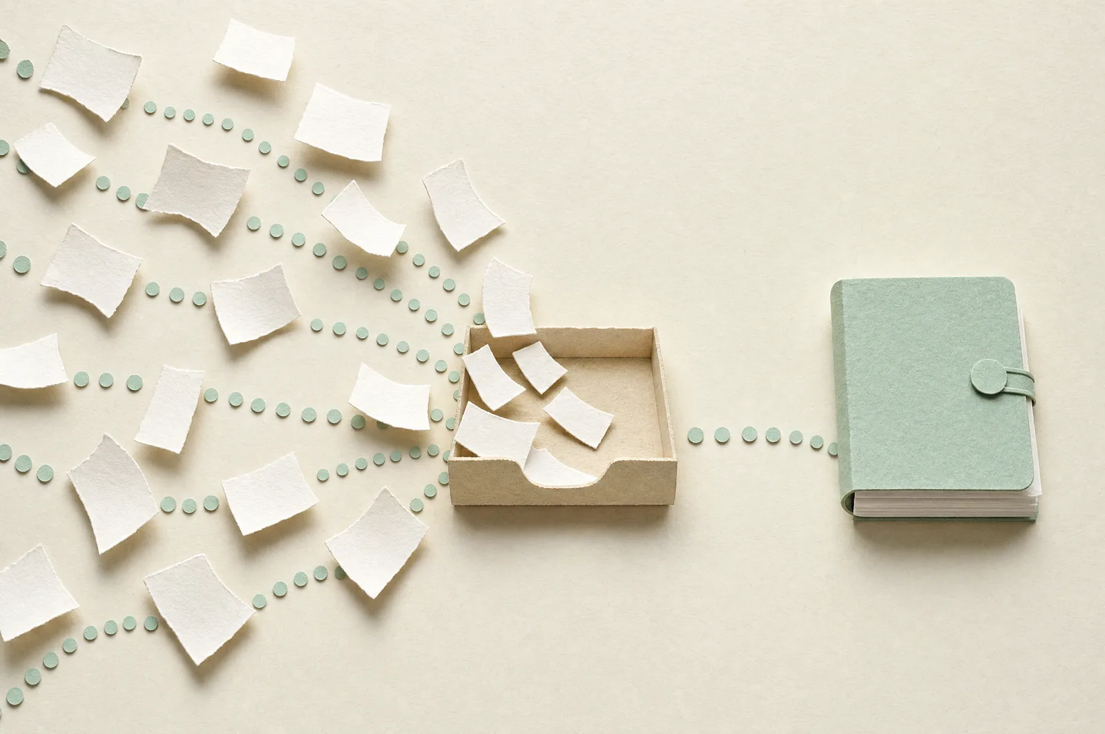 Paper sheets flow along dotted paths into one tray, and a single bound sage report emerges