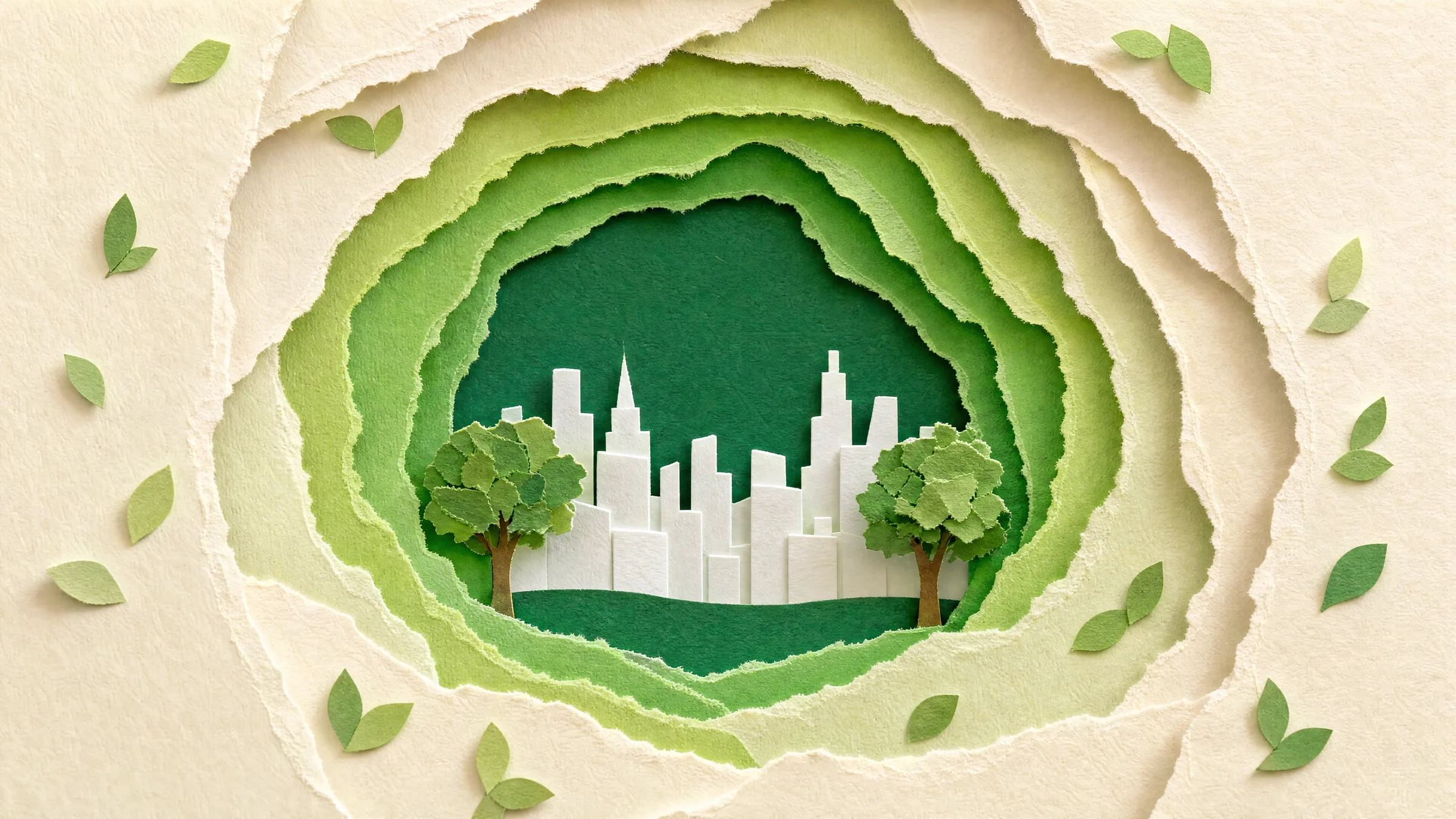 A torn opening through layers of green paper revealing a white paper city with trees
