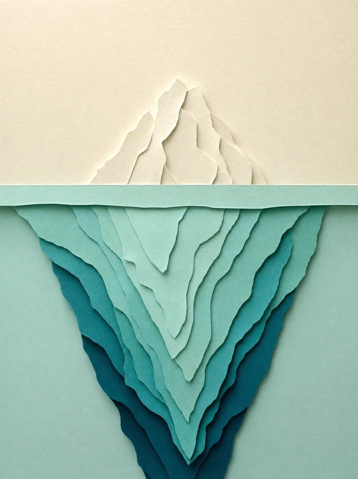 A paper iceberg: a small cream peak above the waterline, a vast layered teal mass below it