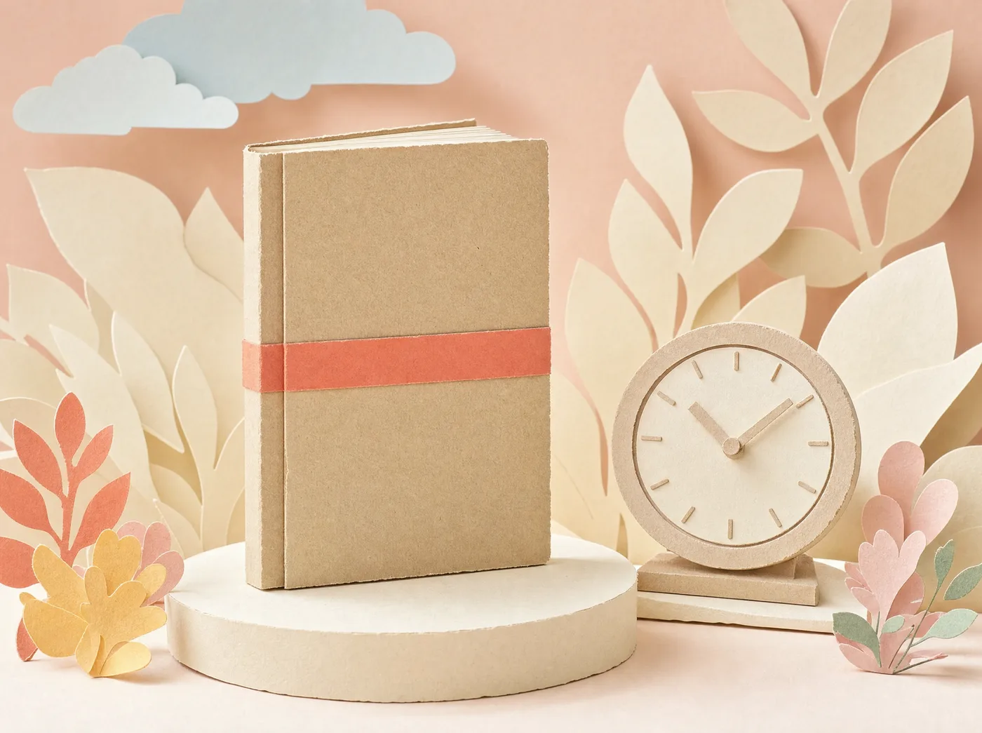 A bound sand paper report with a coral ribbon band stands on a plinth beside a paper clock