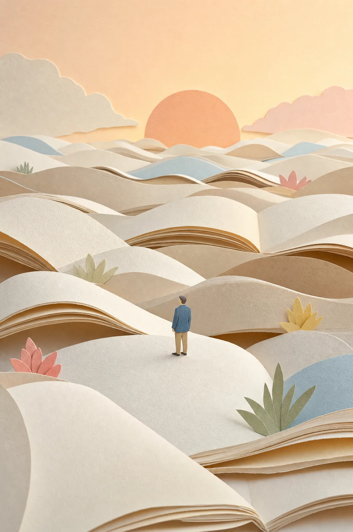 A small cut-paper figure stands on a rolling sea of giant open blank books