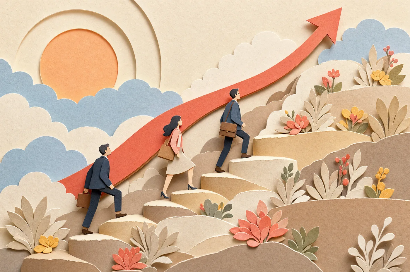 Three cut-paper figures in business wear climb warm paper terraces while a coral arrow sweeps upward past them