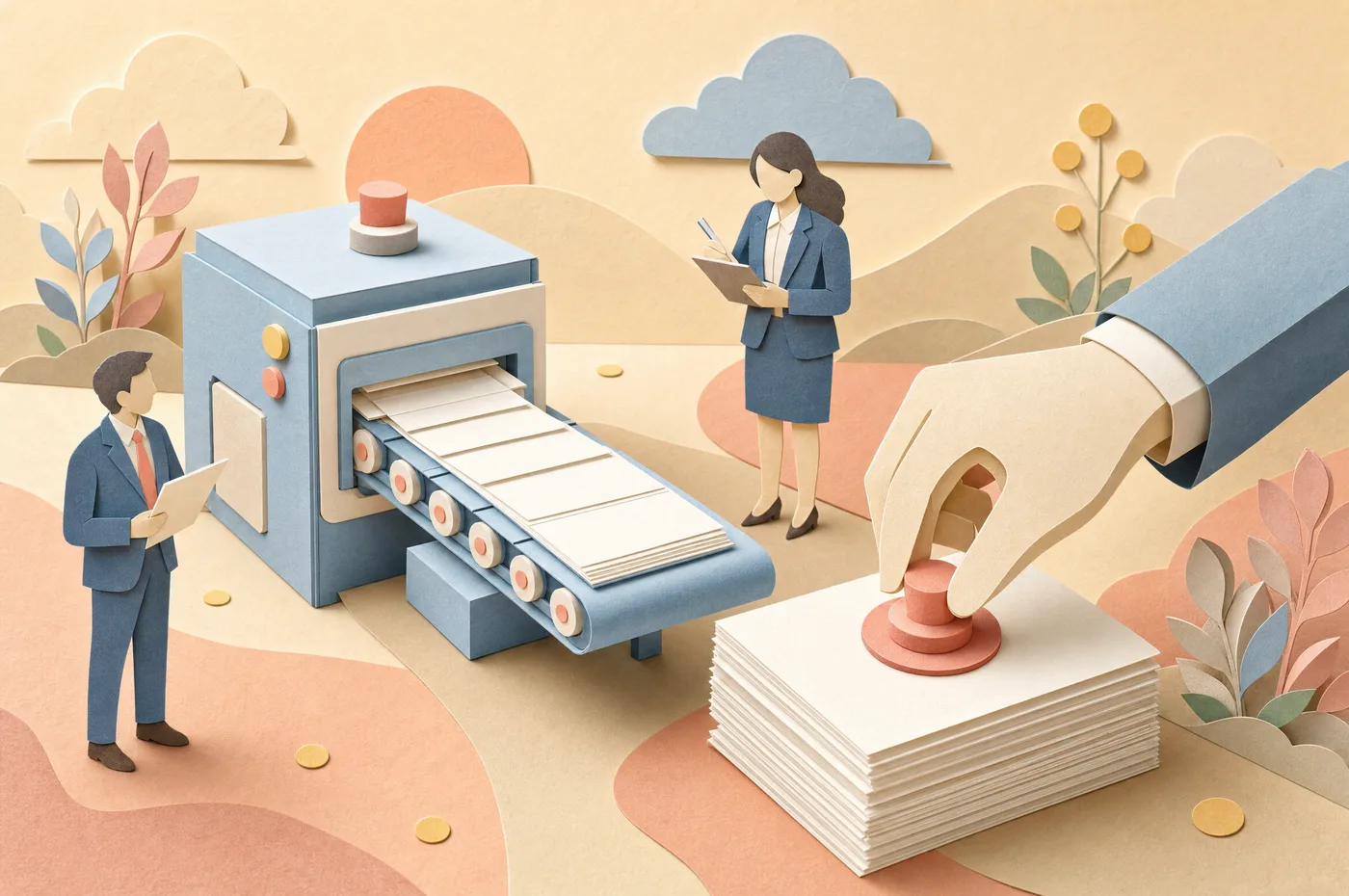 A paper machine releases sheets into a neat stack while a cut-paper hand presses a coral seal on top