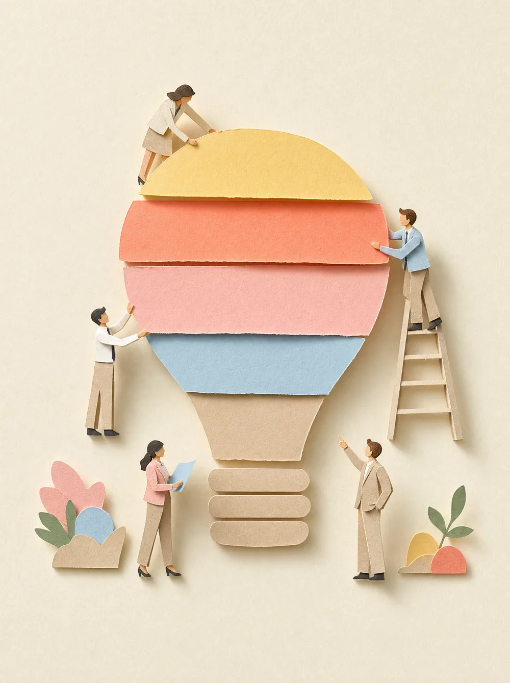 A light bulb built from layered strips of coral, yellow, blush and blue paper