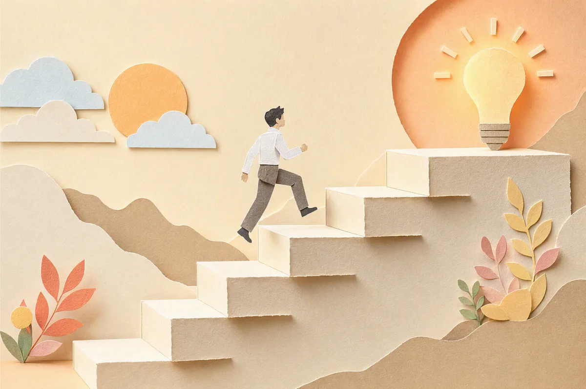 A cut-paper figure in a white shirt climbs paper steps toward a glowing light bulb
