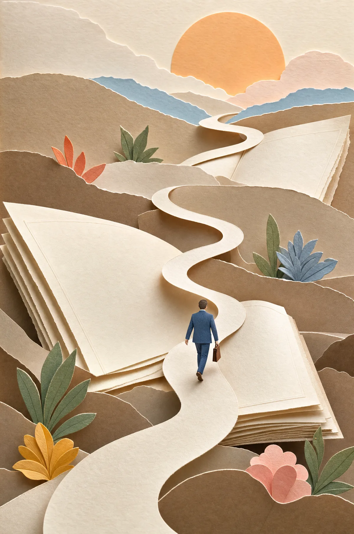 A cut-paper figure with a briefcase walks a winding paper path through a landscape of giant open books toward a peach sun