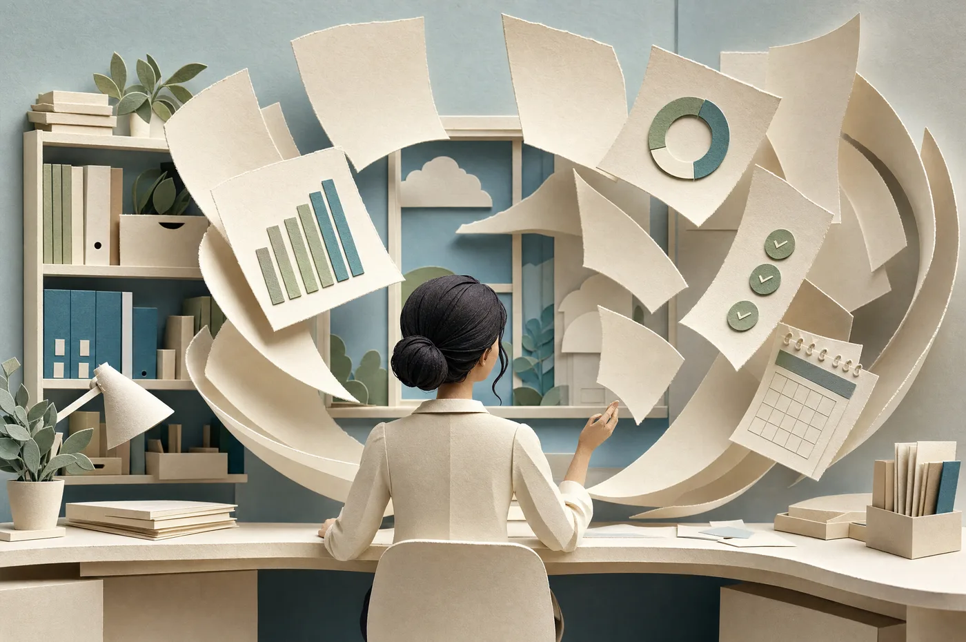 A cut-paper figure at her desk as an arc of paper panels with charts, ticks and a calendar sweeps around her