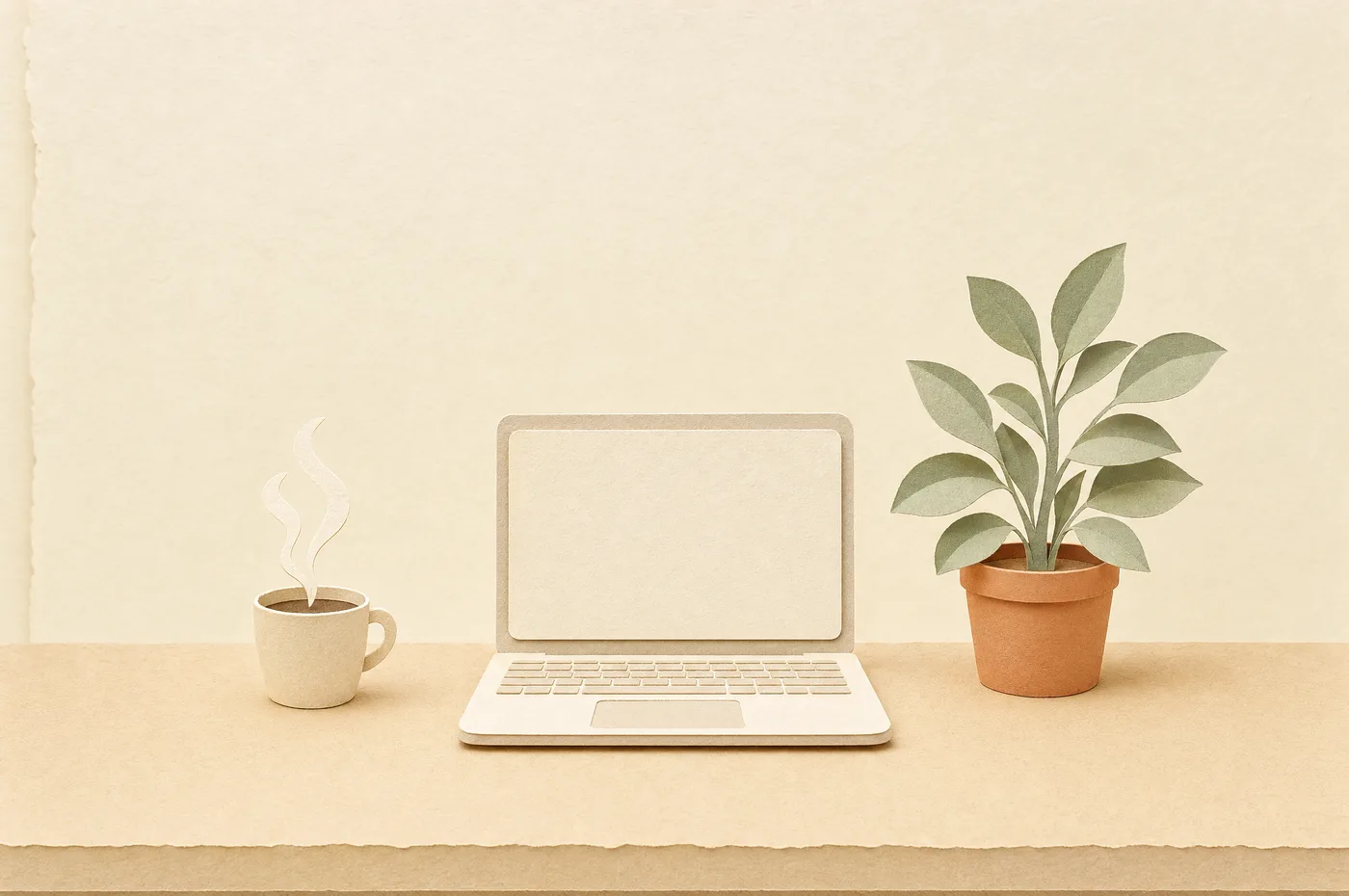 A calm cut-paper desk with an open laptop, a steaming cup of coffee and a leafy plant