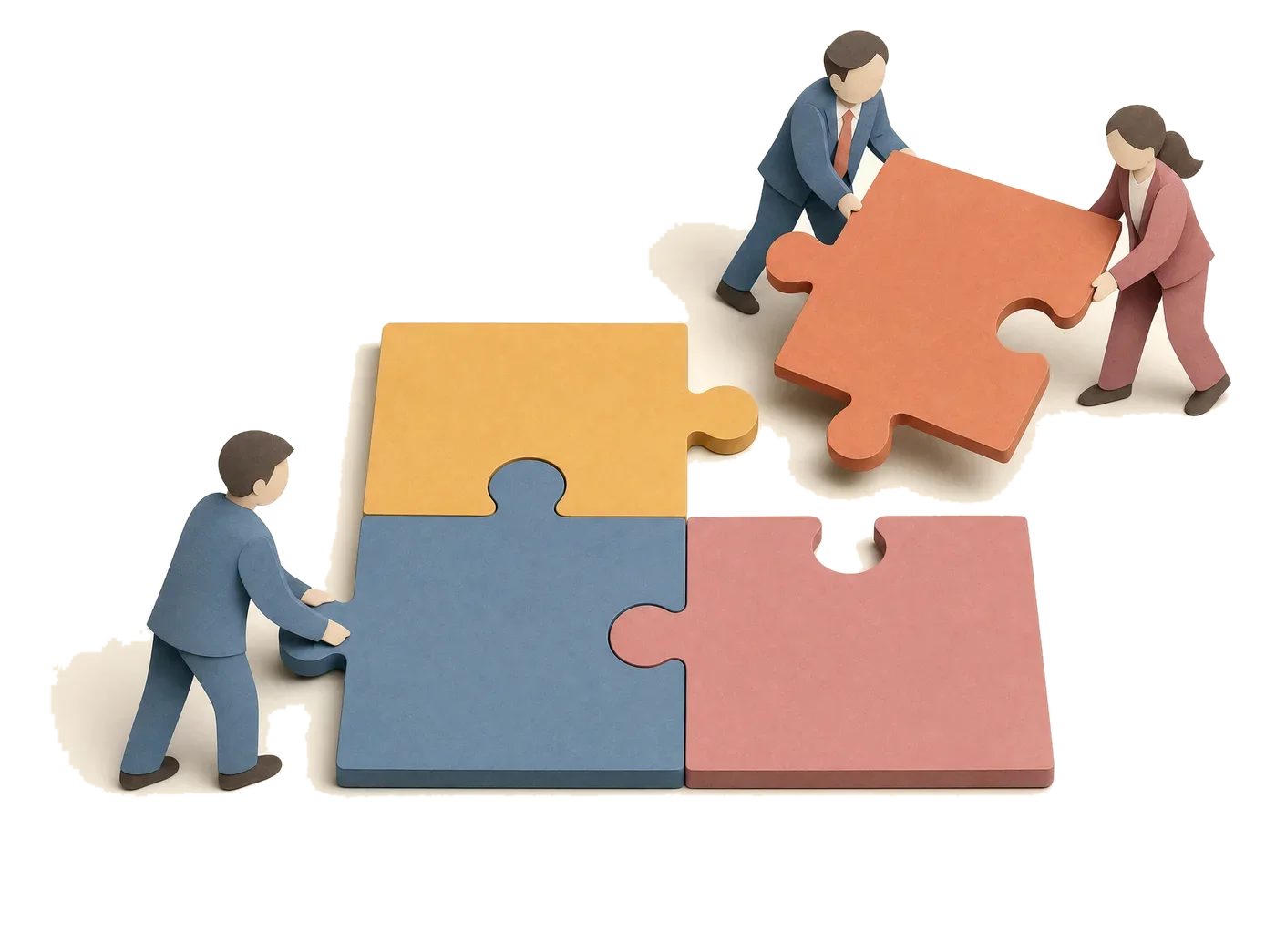Paper figures in work clothes fit the last piece of a muted paper puzzle together