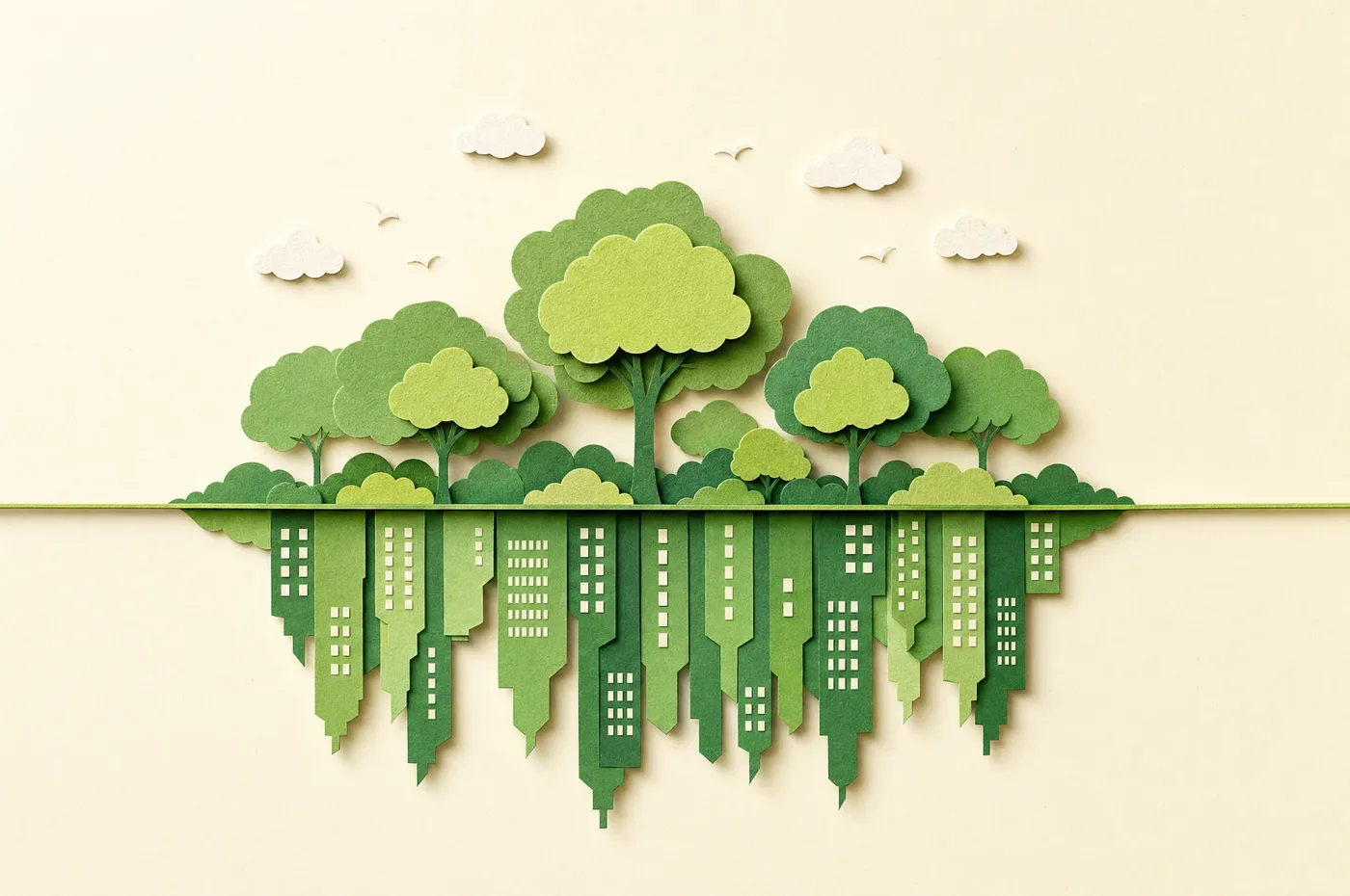 A cut-paper scene of green trees standing on a line, reflected below as a green city skyline