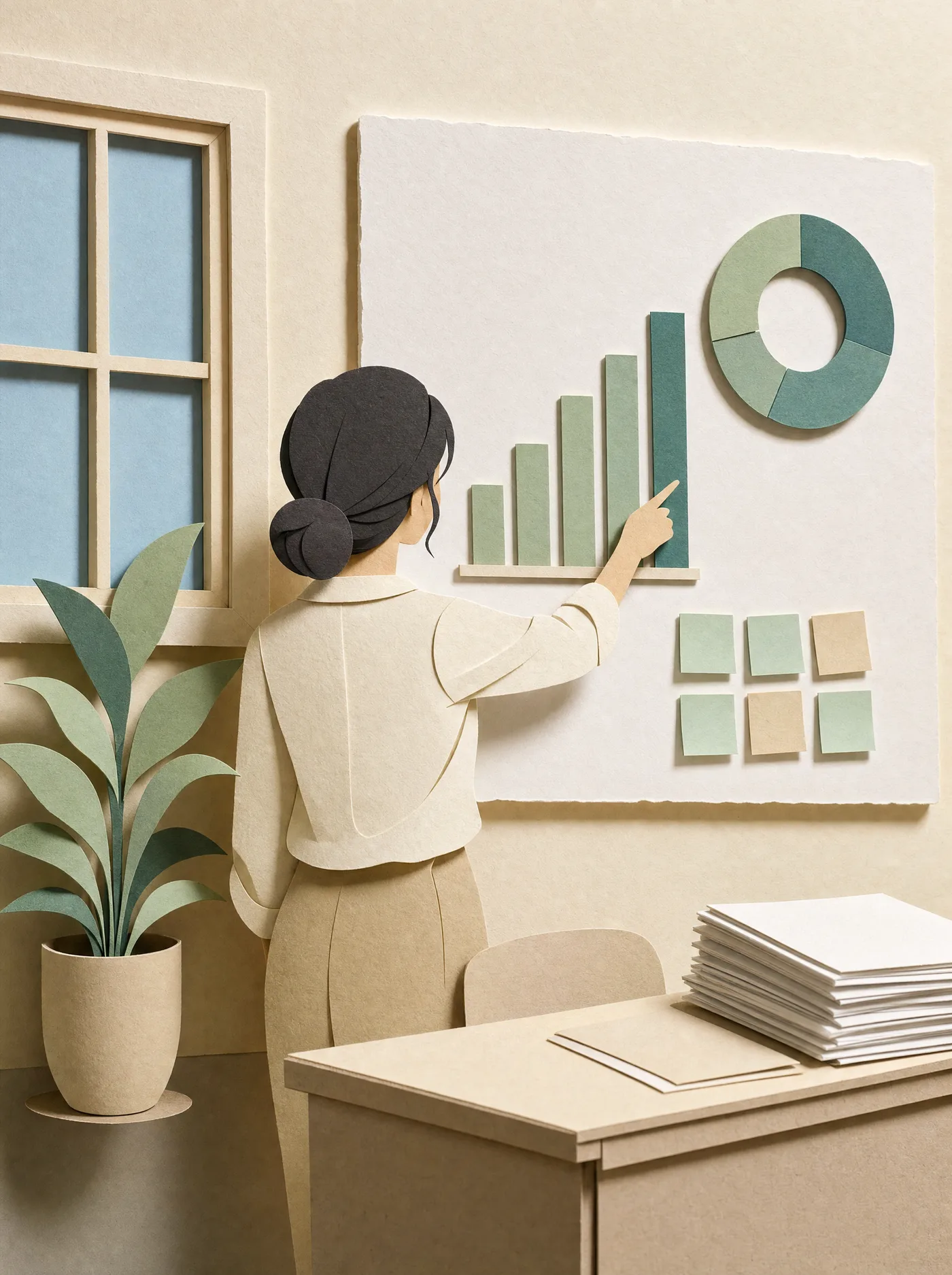 A cut-paper practitioner points at a whiteboard carrying a rising bar chart and a ring diagram