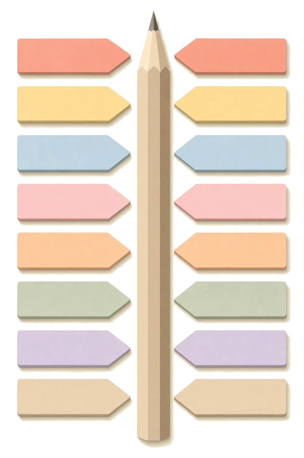 A smooth paper pencil flanked by sixteen pastel arrow tabs, one for each April HR capability